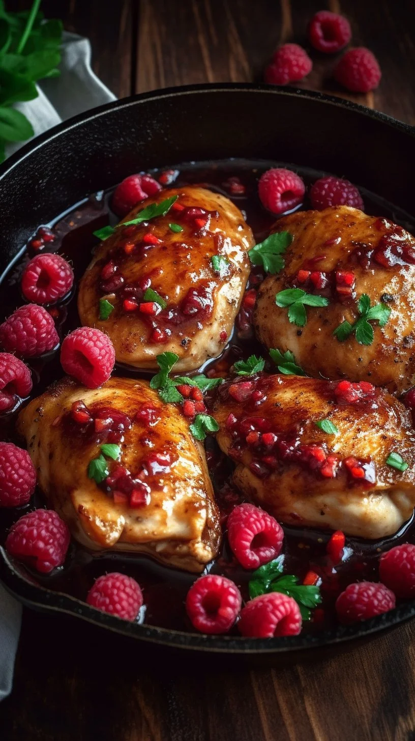 Plate of sweet and spicy jalapeno raspberry chicken garnished with fresh herbs