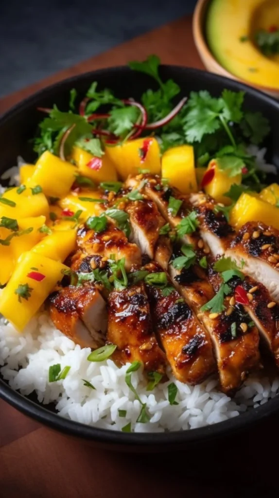 Delicious mango glazed chicken with Asian spices served on a plate.