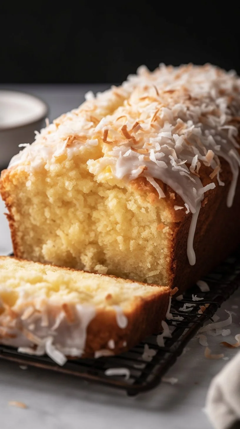 Deliciously baked coconut loaf cake with a golden crust and coconut flakes on top.