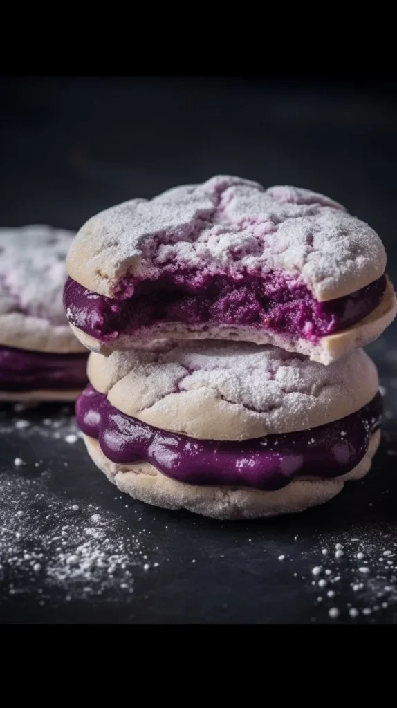 Ube Crinkle Sandwich Cookies with vibrant purple color and powdered sugar dusting.