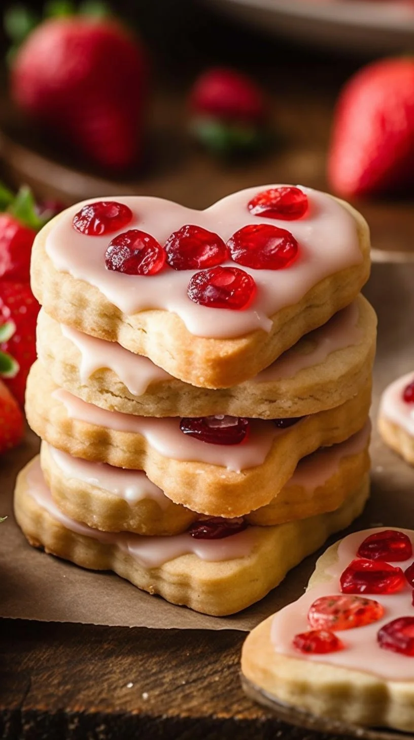 Valentine's Day strawberry shortbread cookies decorated with hearts
