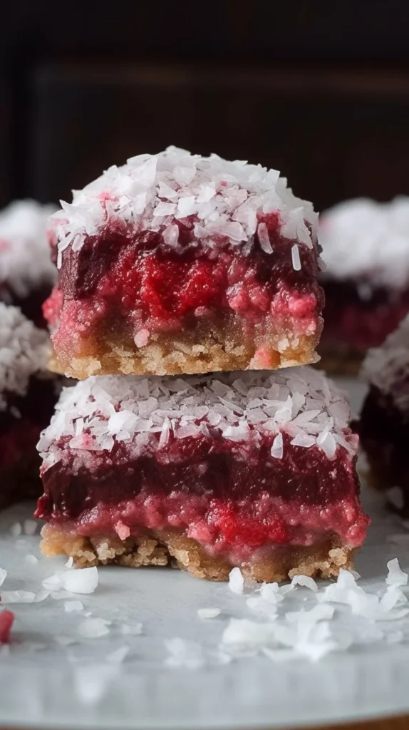 Homemade Vegan Coconut Raspberry Bounty Bars on a plate, garnished with fresh raspberries.