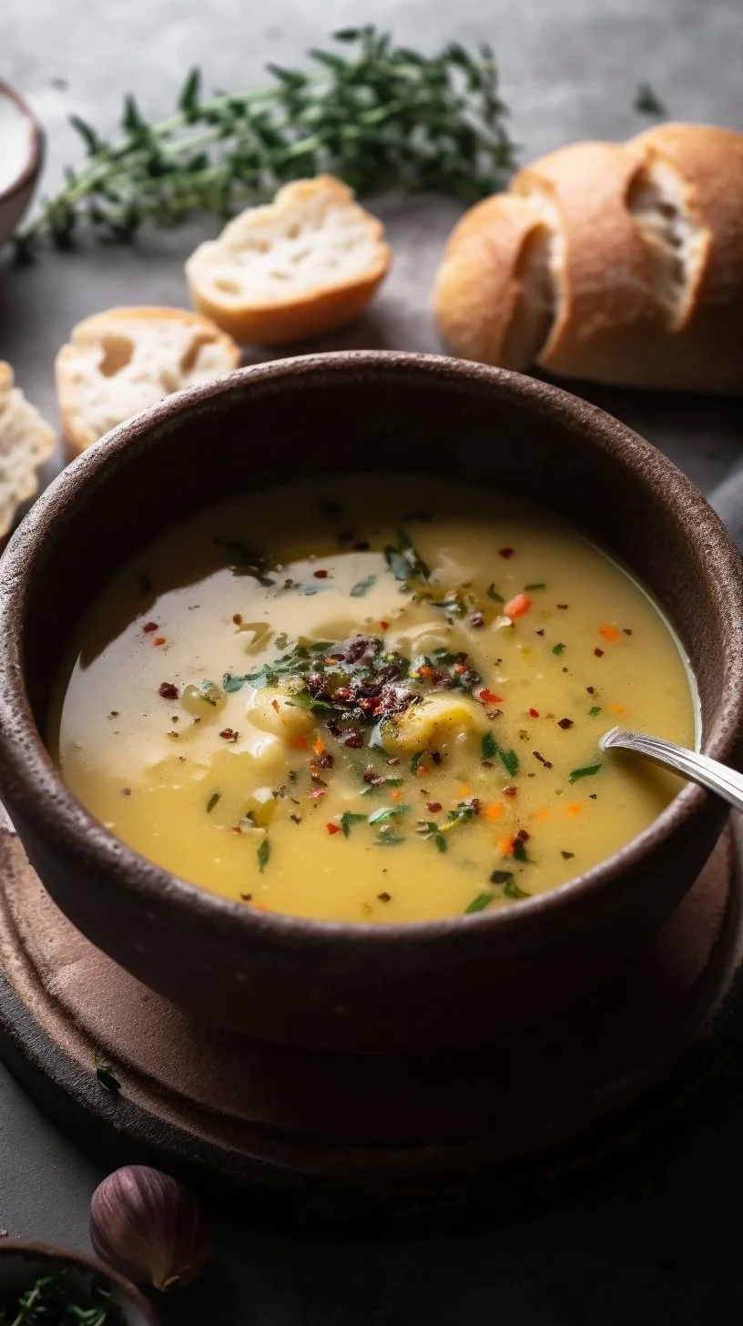 Bowl of vegan garlic chickpea soup with fresh herbs and spices