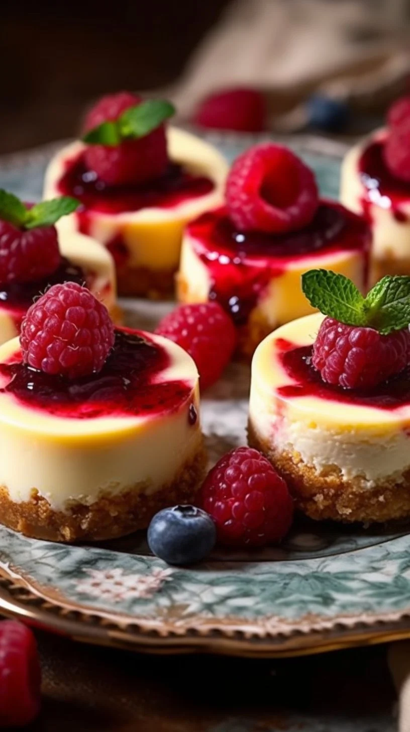 Mini raspberry cheesecakes with a buttery cinnamon graham crust on a plate