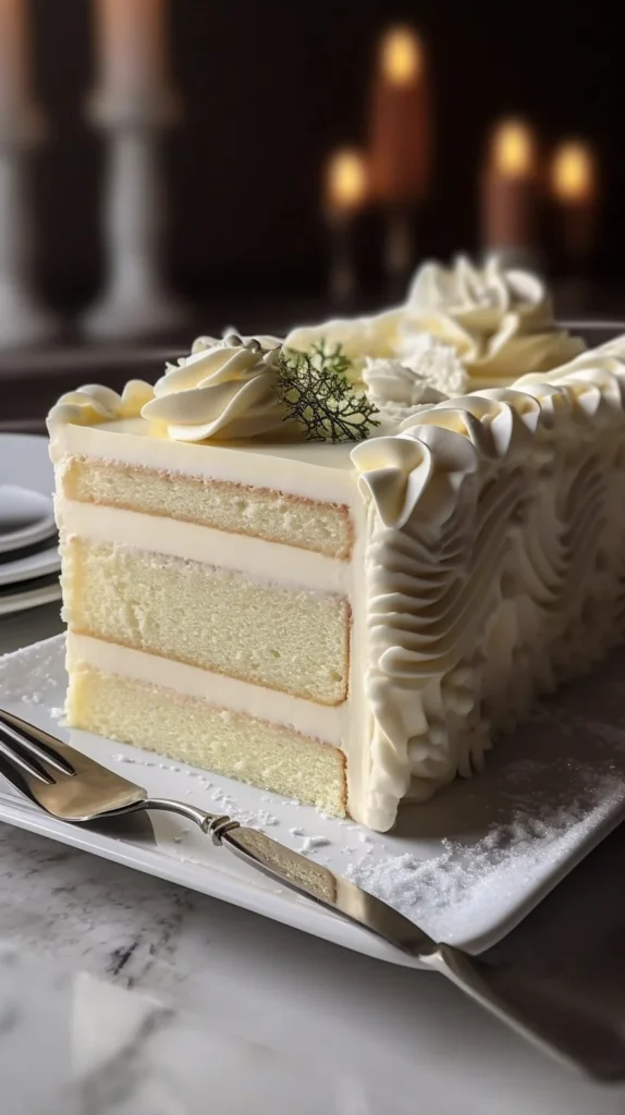 Delicious White Chocolate Coconut Mousse Cake topped with coconut flakes