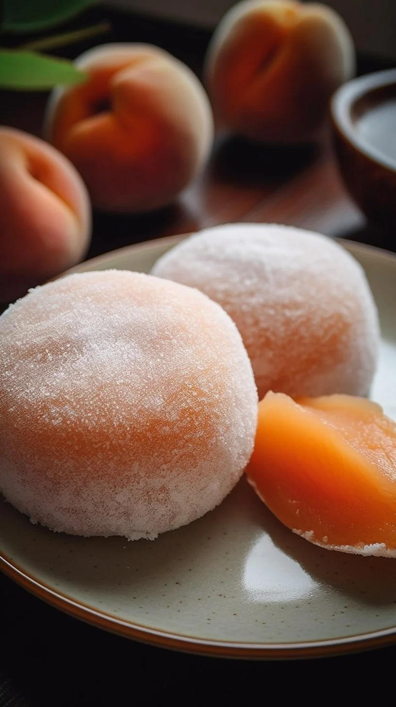 Whole Peach Mochi dessert featuring juicy peach wrapped in soft rice dough