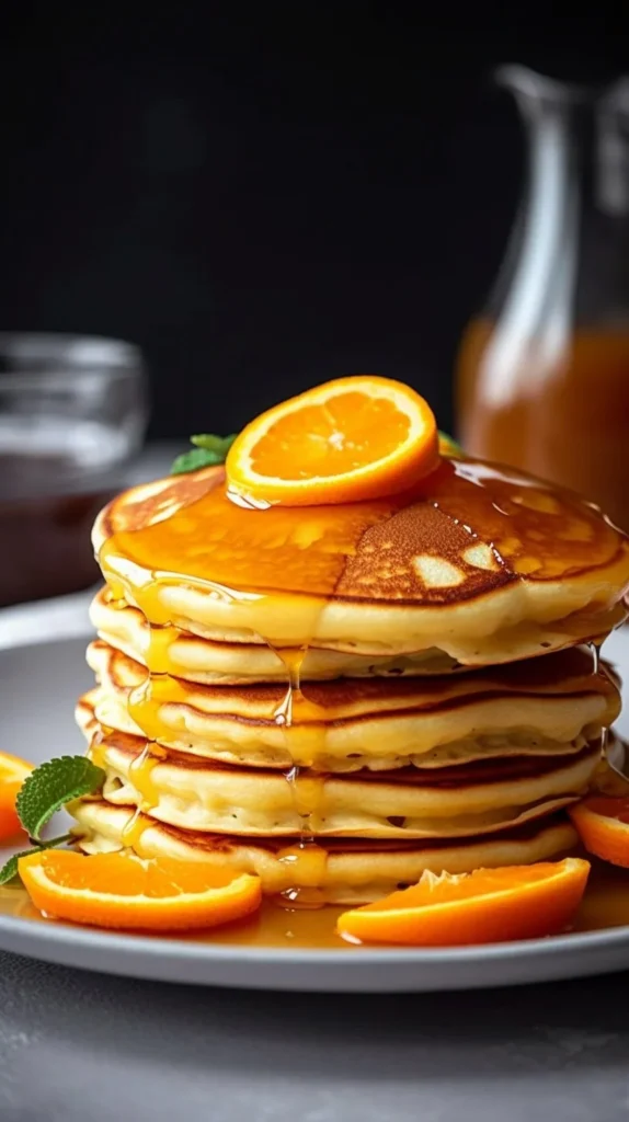 Fluffy zesty orange pancakes topped with syrup and orange slices
