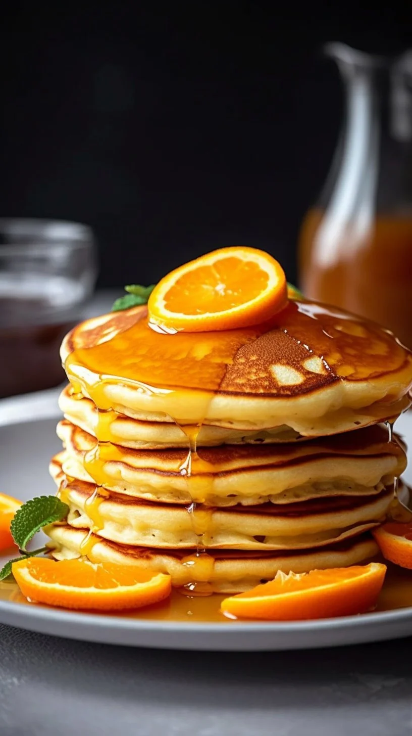 Fluffy zesty orange pancakes topped with syrup and orange slices