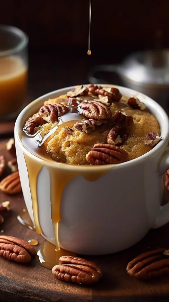 A delicious maple pecan mug cake served in a white mug, topped with pecans.