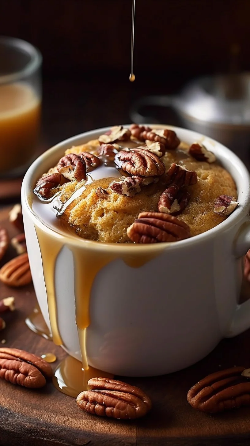 A delicious maple pecan mug cake served in a white mug, topped with pecans.