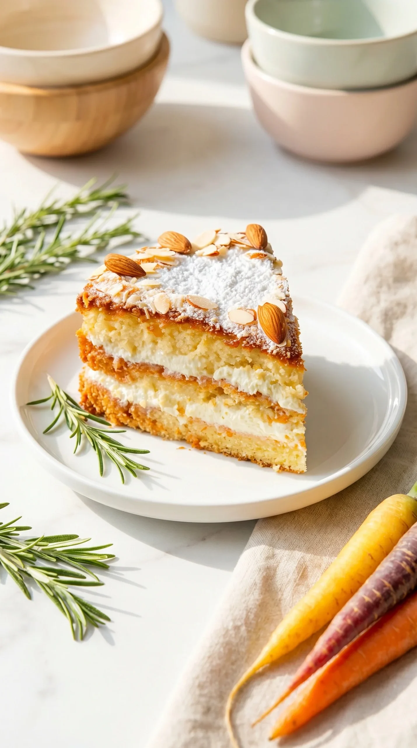 Delicious homemade Almond Tart with Cream topped with almond slivers