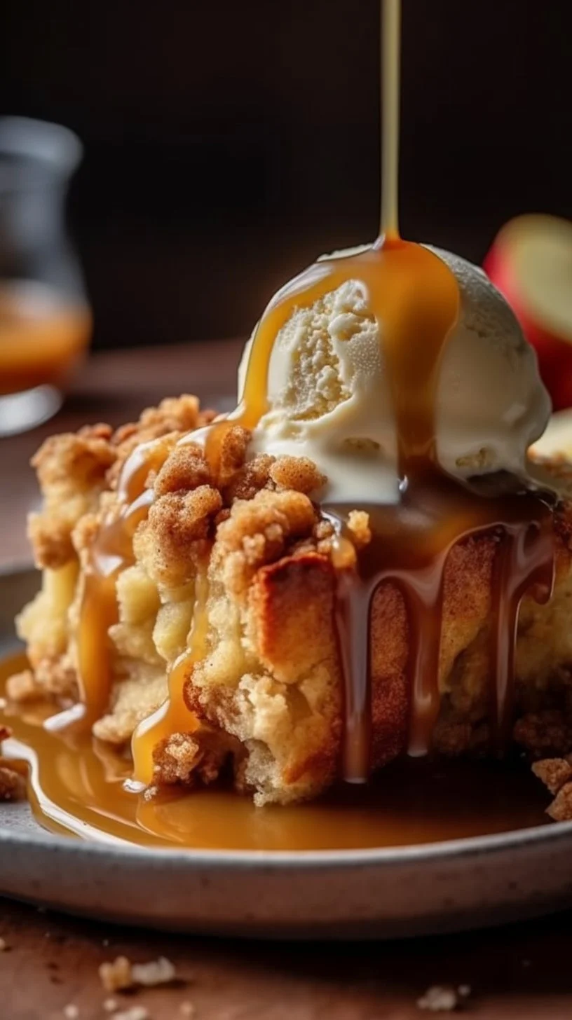 Delicious apple crumble bread pudding dessert topped with cinnamon and cream.