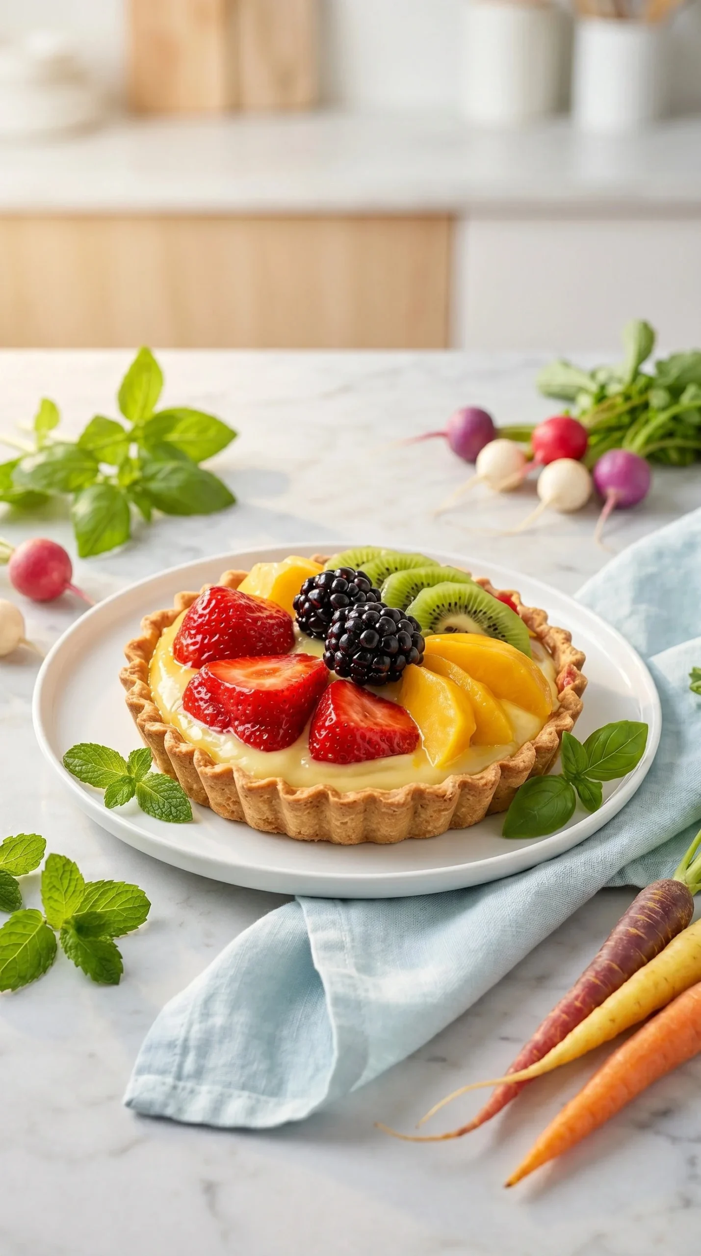 Bakery style fruit custard tart topped with fresh fruits and creamy custard