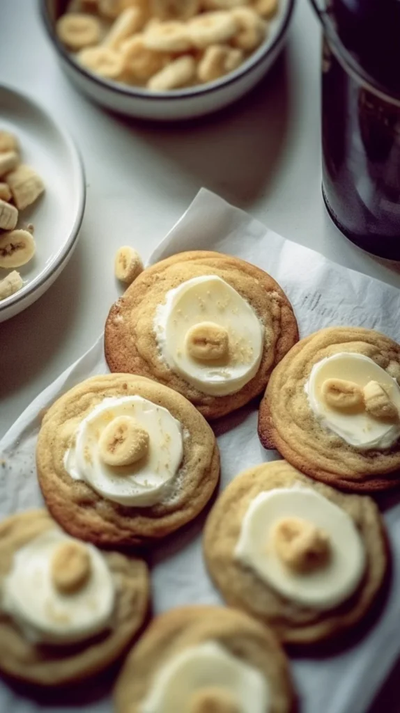 Freshly baked banana pudding cookies with creamy filling and banana slices