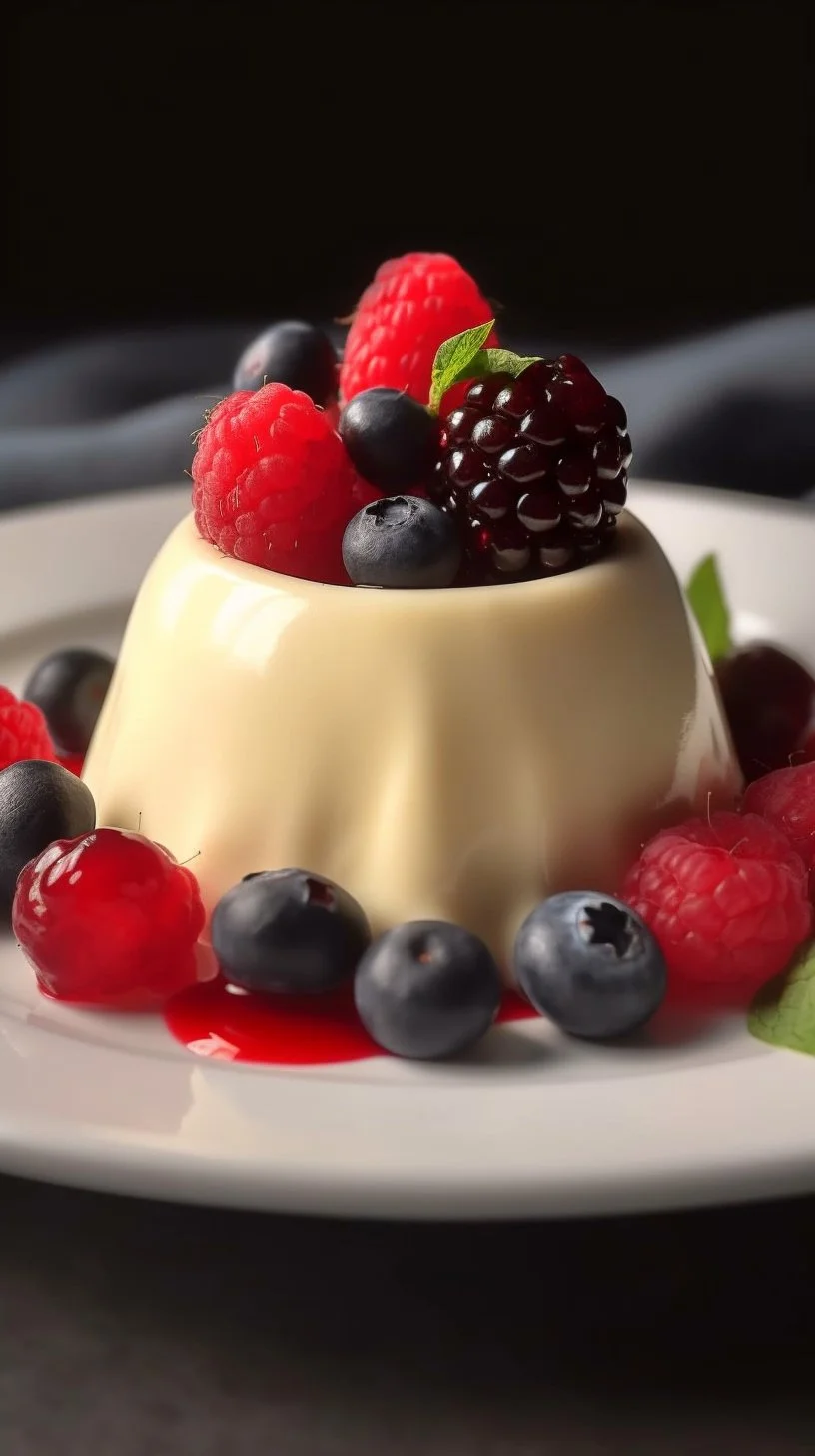Bavarian cream dessert topped with fresh berries on a white plate