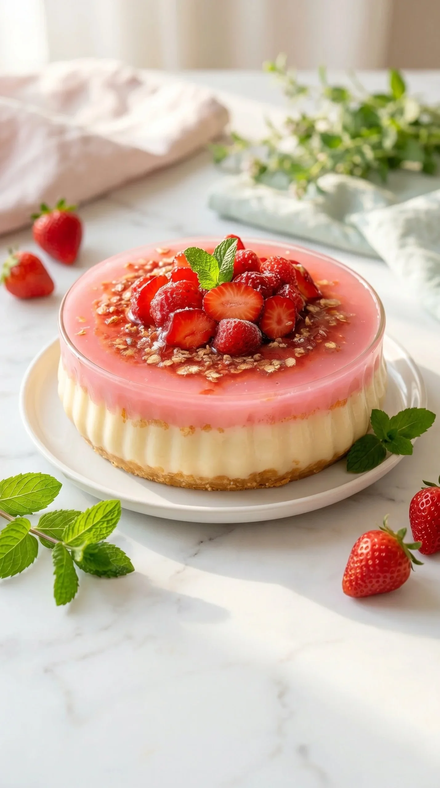 Beautiful pink strawberry dessert with fresh strawberries and whipped cream