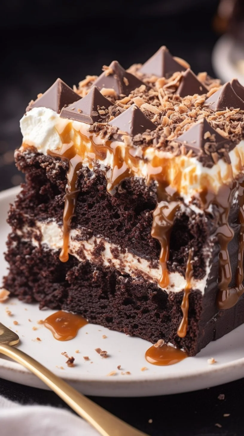 Delicious Better Than Sex Cake slice topped with chocolate and whipped cream