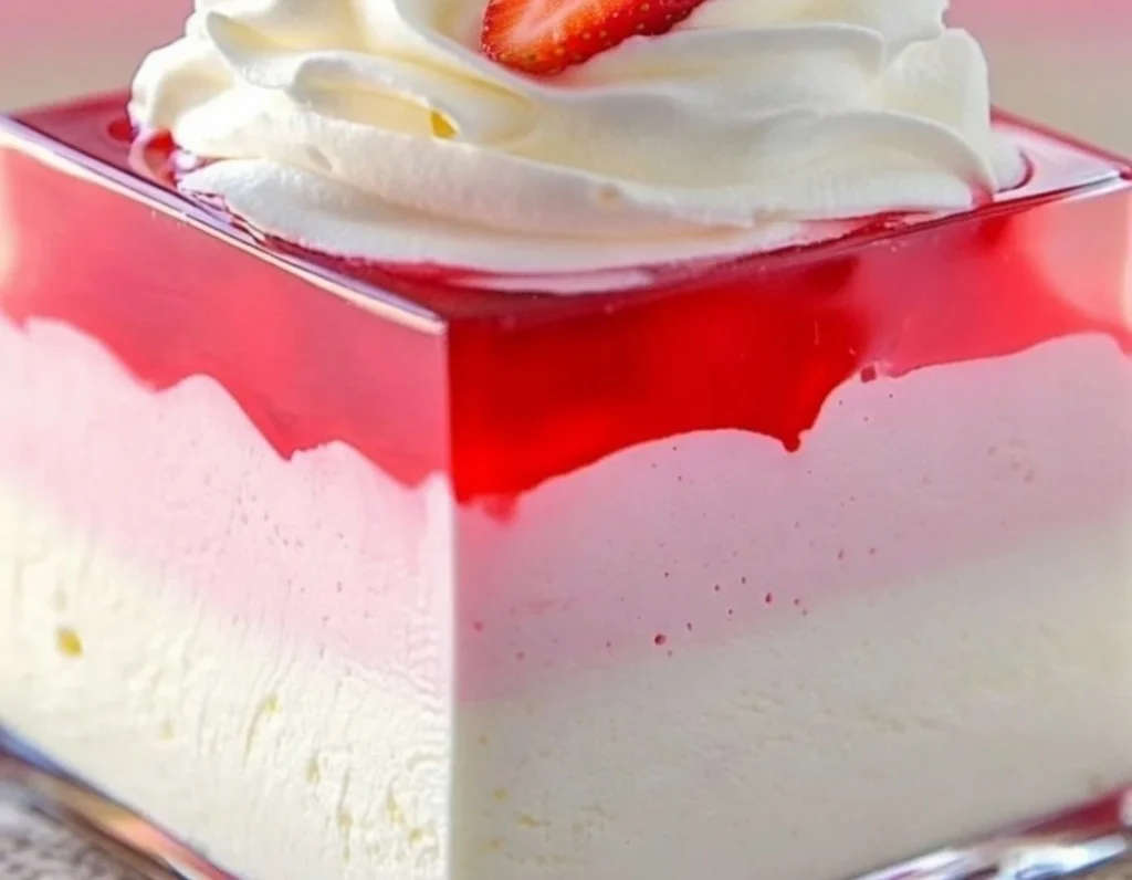 Delicious Bird's Milk Jello dessert served in a glass with whipped cream