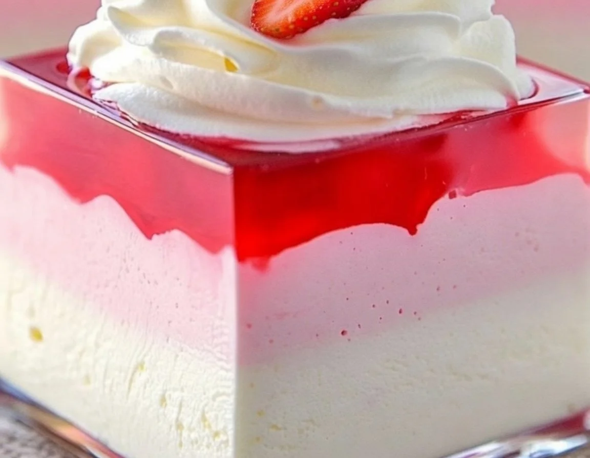 Delicious Bird's Milk Jello dessert served in a glass with whipped cream