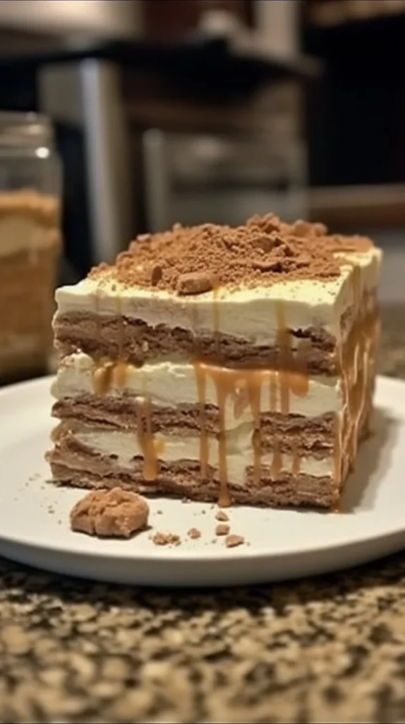 Biscoff Cookie Butter Icebox Cake topped with whipped cream and cookie crumbles