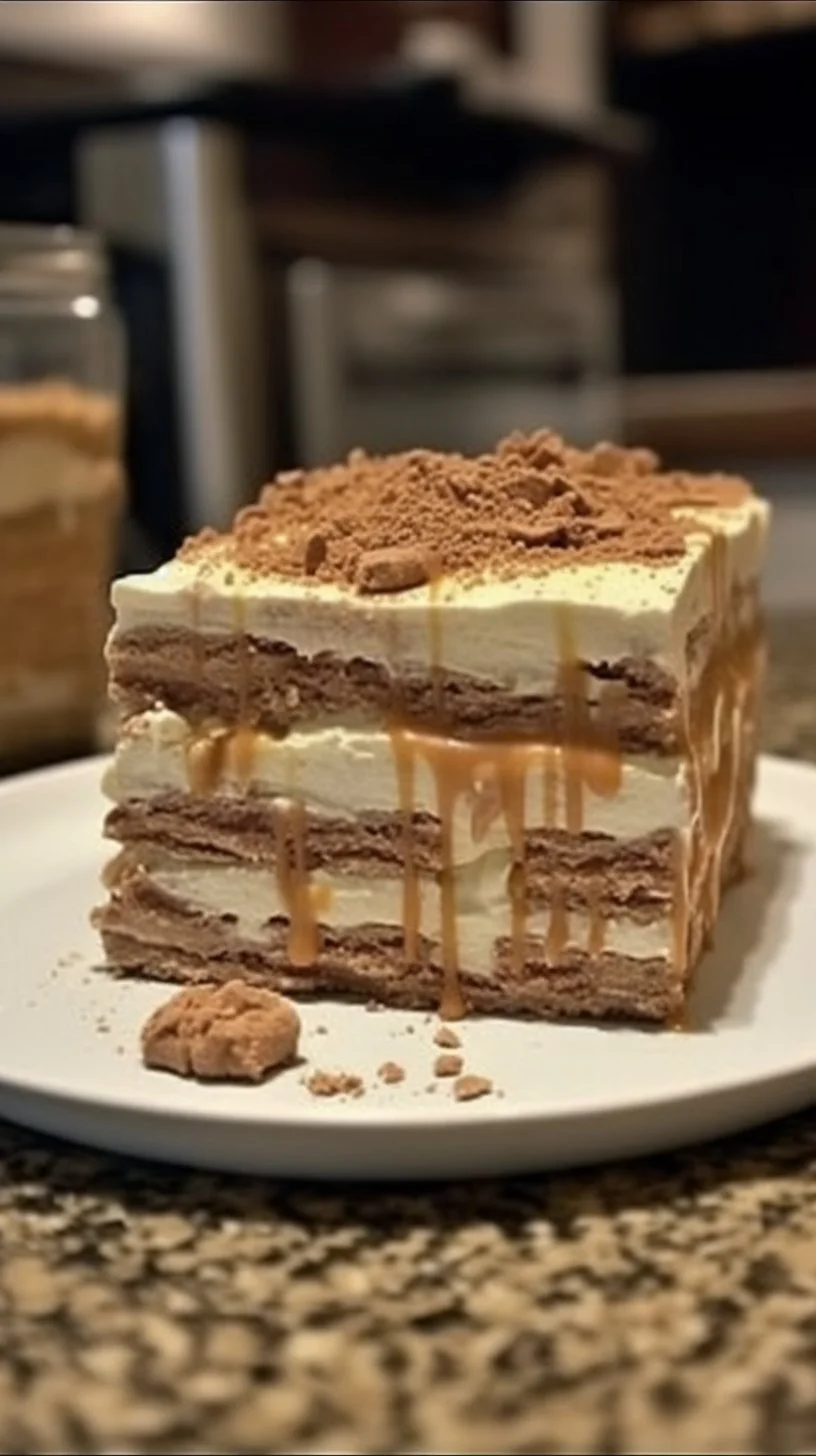 Biscoff Cookie Butter Icebox Cake topped with whipped cream and cookie crumbles