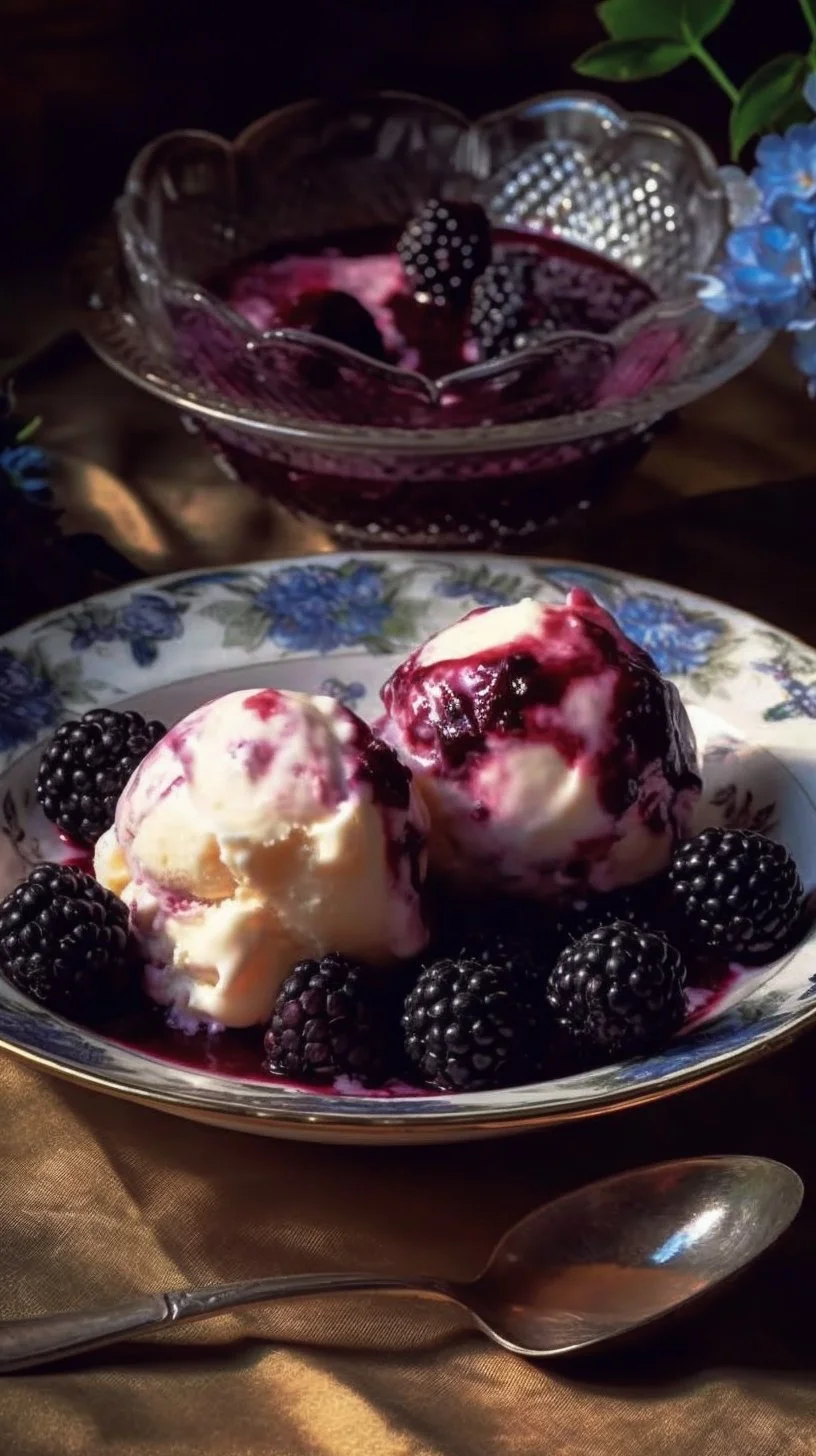 Homemade blackberry dumplings served with a scoop of vanilla ice cream