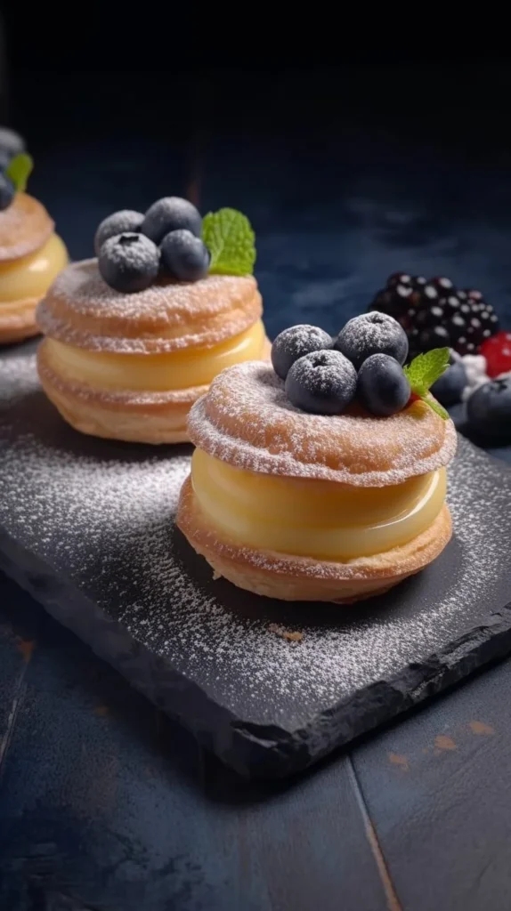 Delicious blueberry pastry rings with vanilla cream filling on a plate