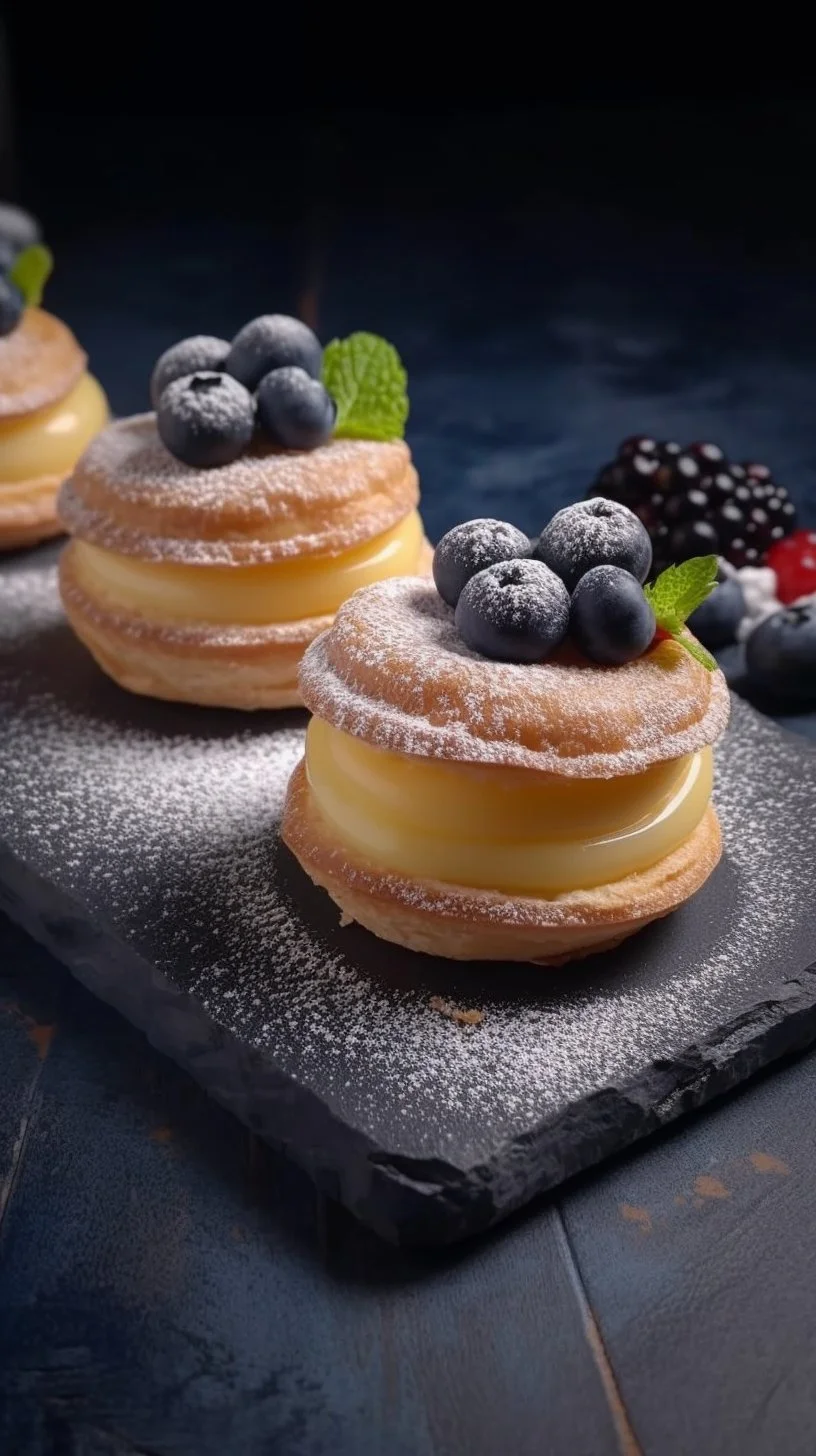 Delicious blueberry pastry rings with vanilla cream filling on a plate