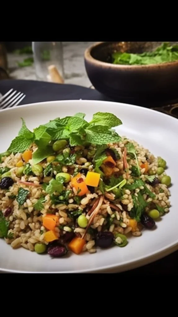 Colorful brown rice salad with vegetables and dressing