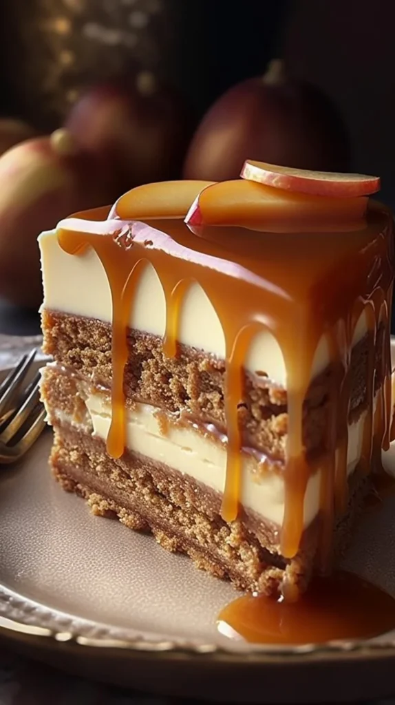 Delicious Caramel Apple Cheesecake topped with caramel drizzle and apple slices