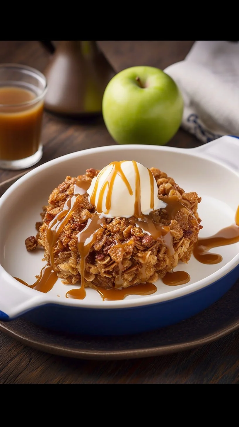 Delicious Caramel Apple Crumble with caramel drizzle and crispy topping