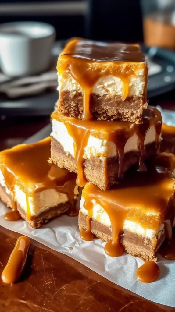 Delicious caramelized pumpkin cheesecake bars topped with drizzled caramel sauce.