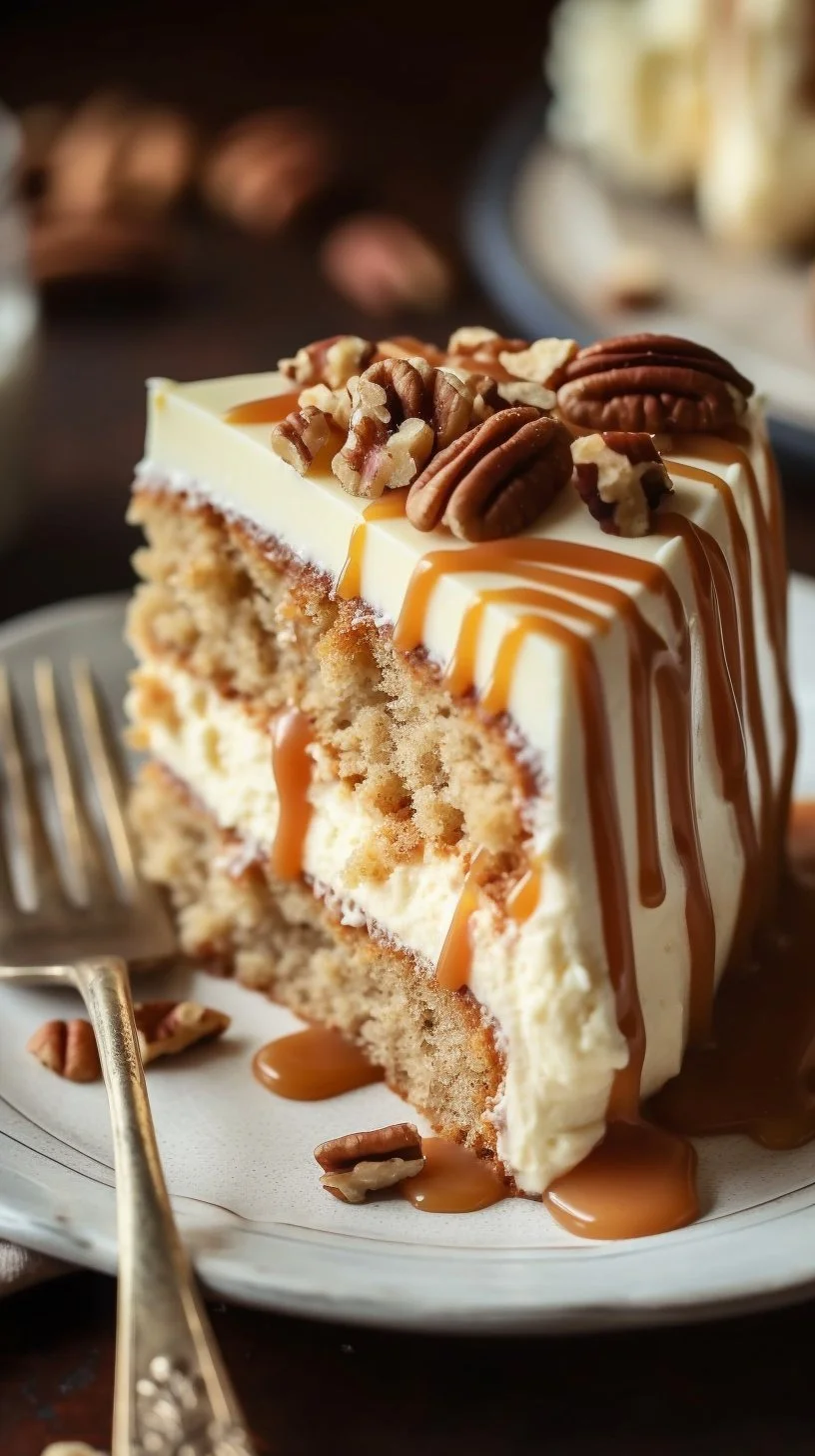 Slice of delicious carrot cake cheesecake topped with cream and carrots