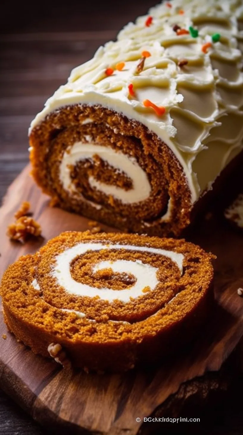 Delicious carrot cake roll filled with cream cheese frosting