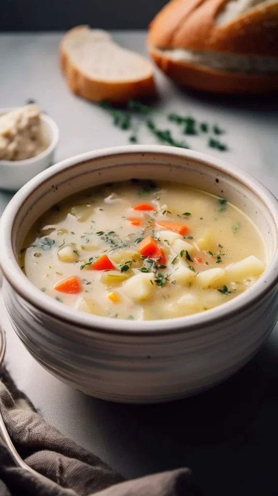 Bowl of creamy cauliflower soup garnished with herbs and spices