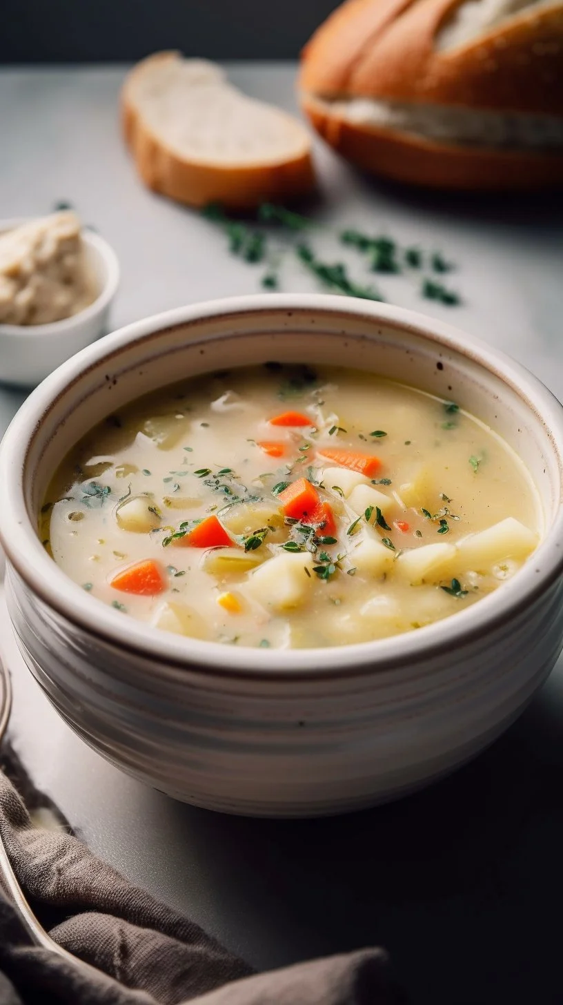 Bowl of creamy cauliflower soup garnished with herbs and spices