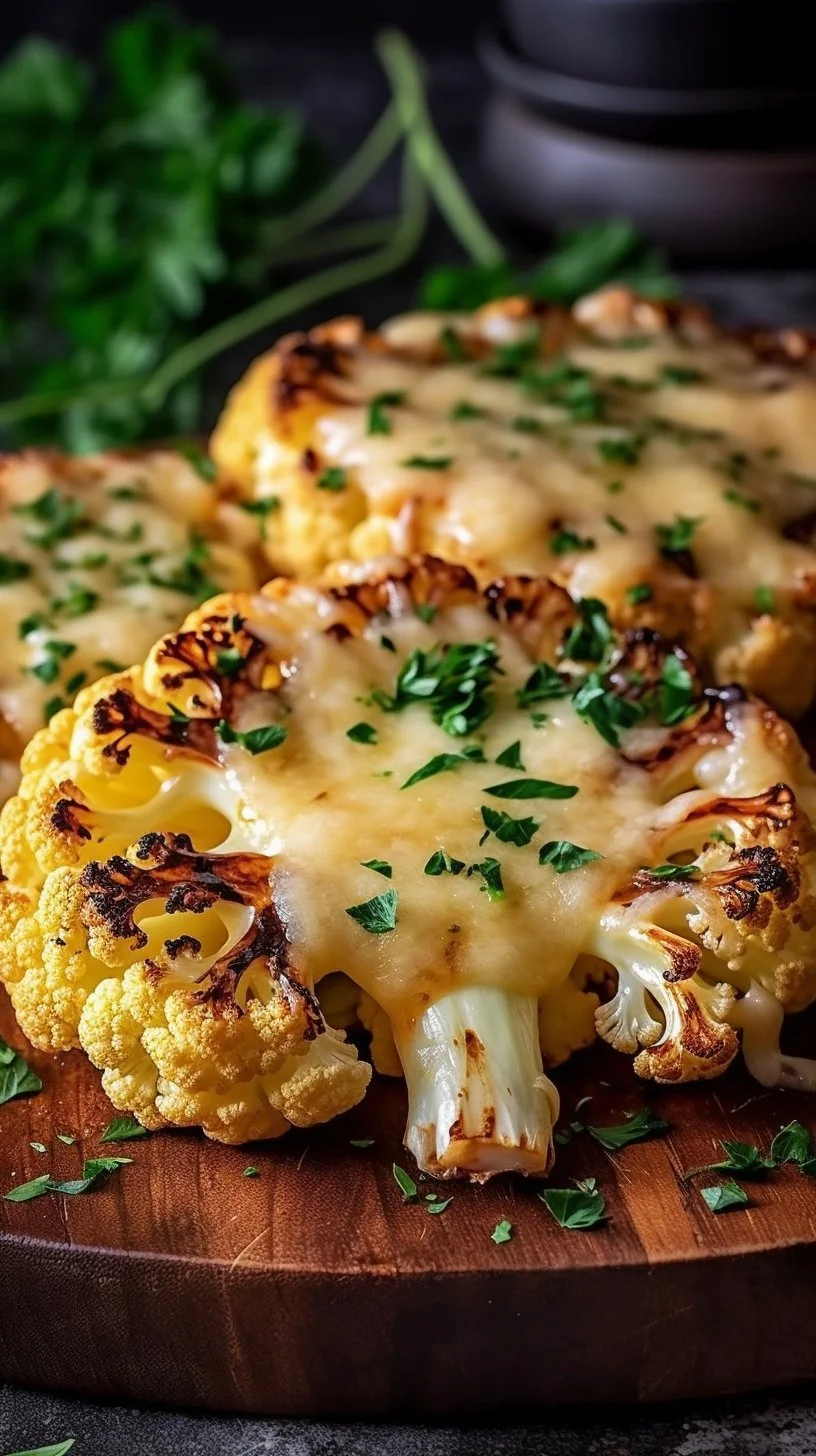 Delicious cheesy cauliflower steaks served on a plate