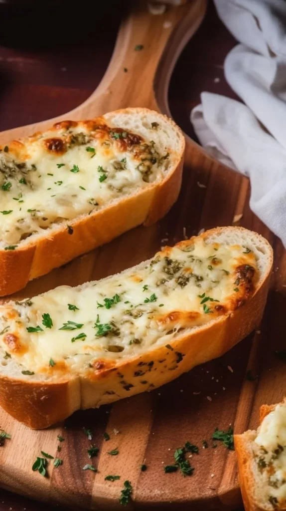 Delicious cheesy garlic bread with melted cheese and herbs