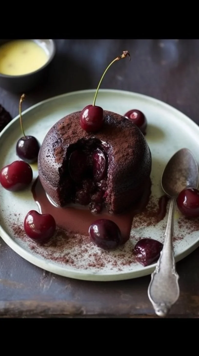 Delicious cherry chocolate puddings in elegant serving dishes