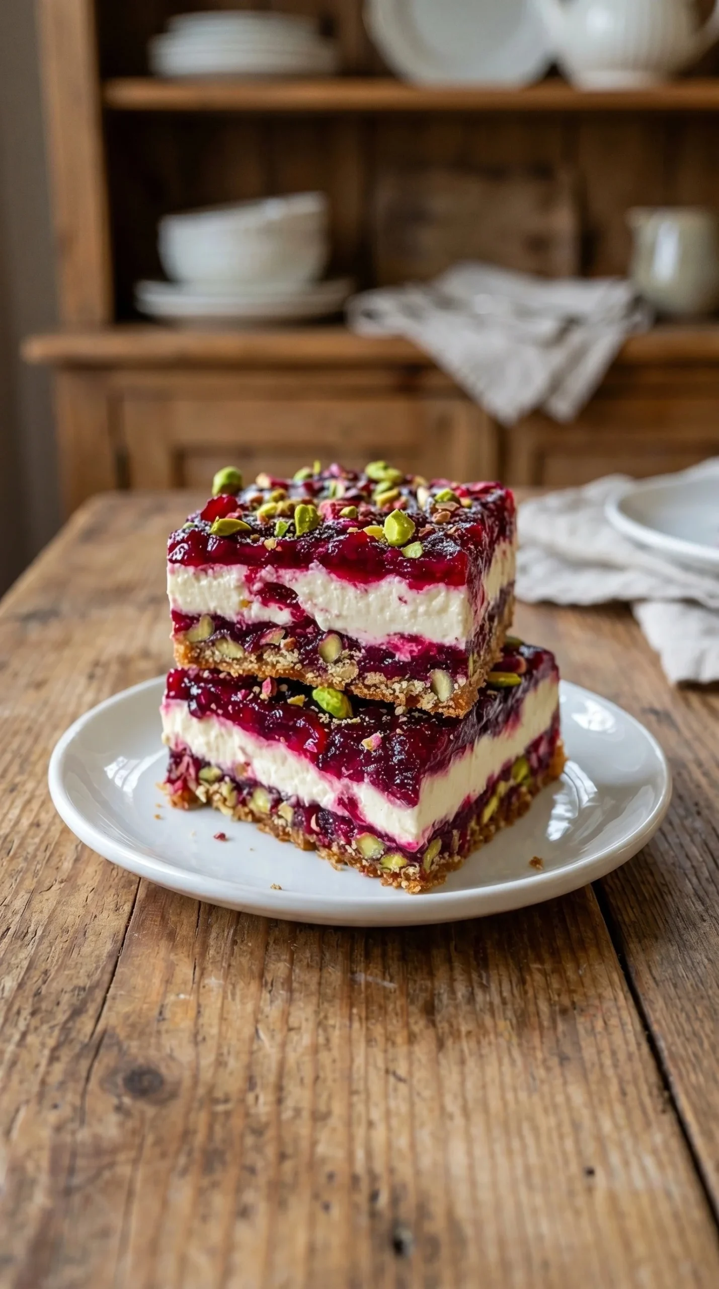 Cherry pistachio cheesecake bars beautifully arranged on a dessert platter