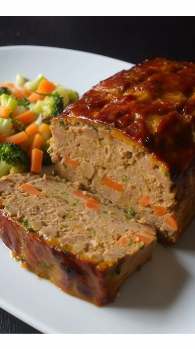 Savory Chicken Bacon Meatloaf served with herbs and vegetables