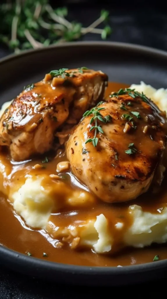 Delicious chicken and garlic gravy served with cheesy mashed potatoes
