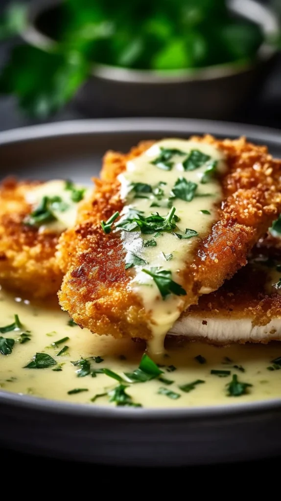 Delicious Chicken Romano served with a crispy cheese crust and herbs.