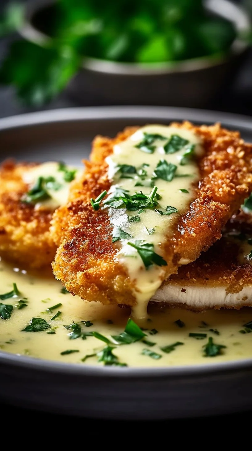 Delicious Chicken Romano served with a crispy cheese crust and herbs.