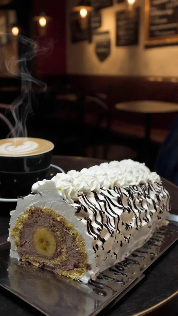 Chocolate Banana Roll Cake with chocolate frosting and sliced bananas