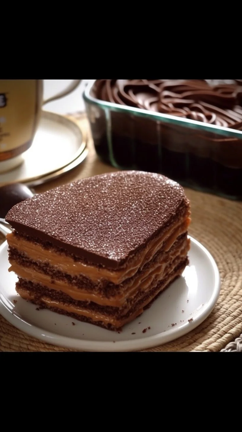 Chocolate Coffee Biscuit layered dessert with chocolate frosting and coffee flavoring.