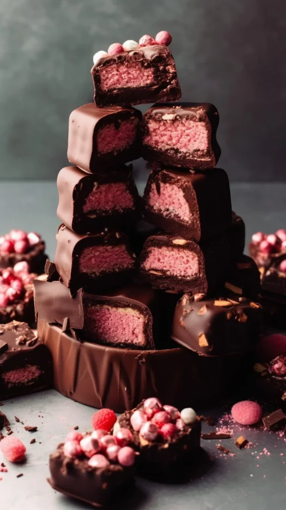 Delicious chocolate covered strawberry bars on a wooden table