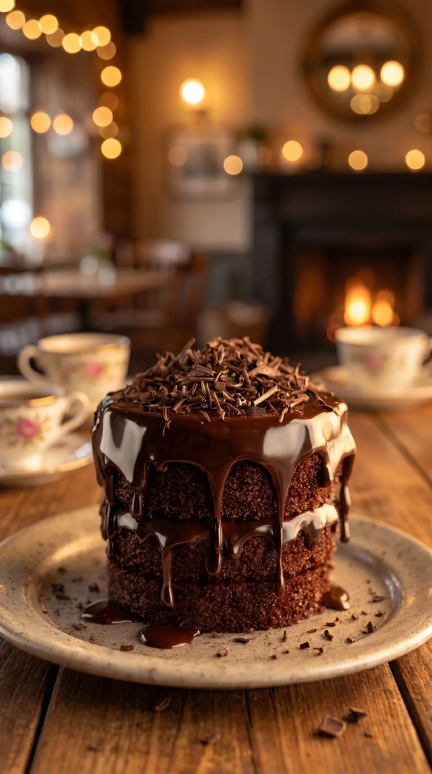 Delicious chocolate layer cake with rich frosting and decorative chocolate shavings