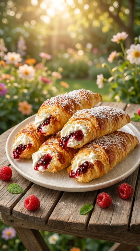 Delicious Chocolate Raspberry Cream Horns dessert with chocolate drizzle and raspberries