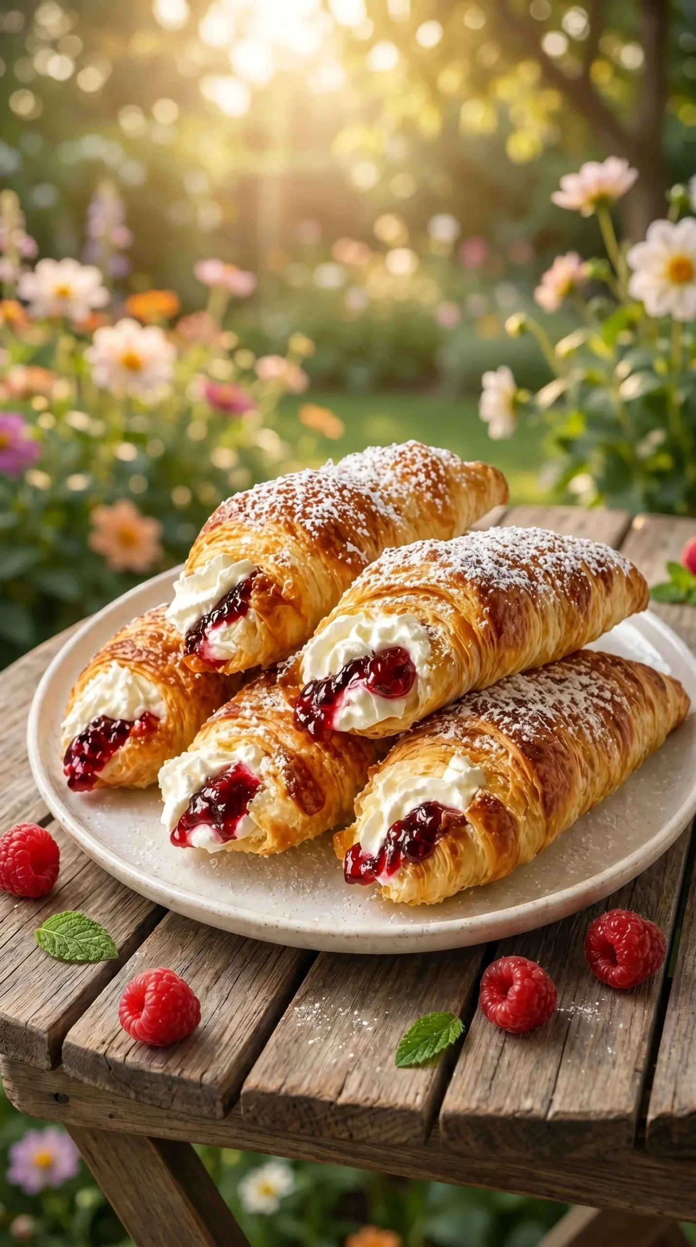 Delicious Chocolate Raspberry Cream Horns dessert with chocolate drizzle and raspberries